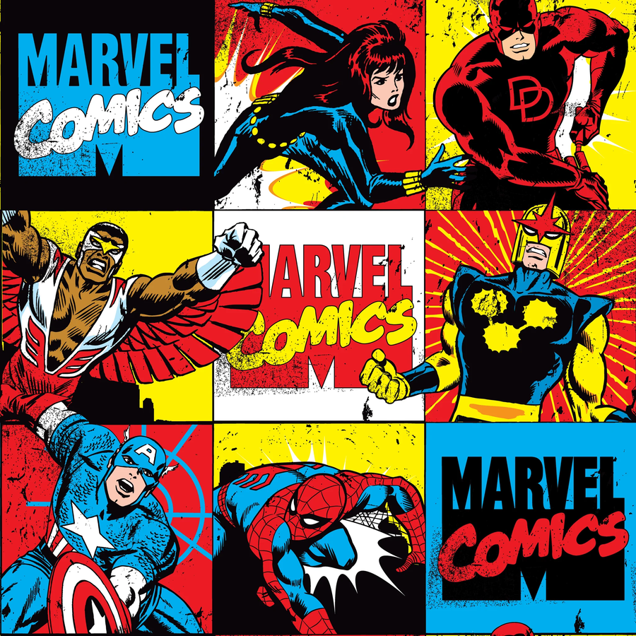 A colorful grid of classic Marvel comic artwork.