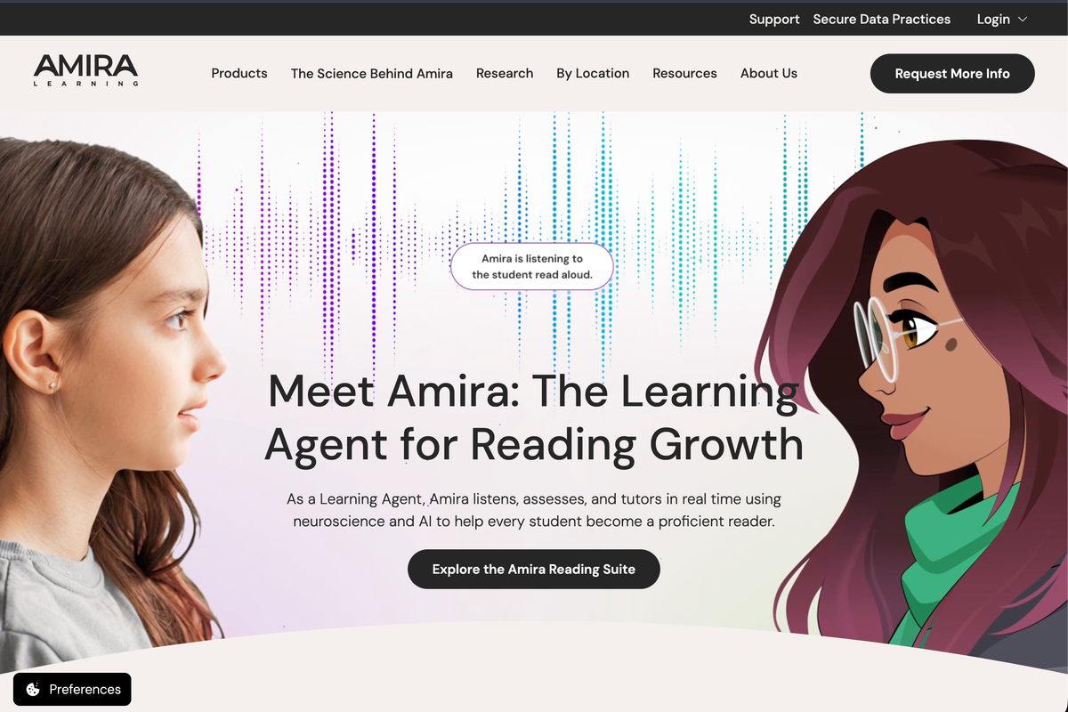 Amira Learning public website introducing its AI learning agent for reading growth.