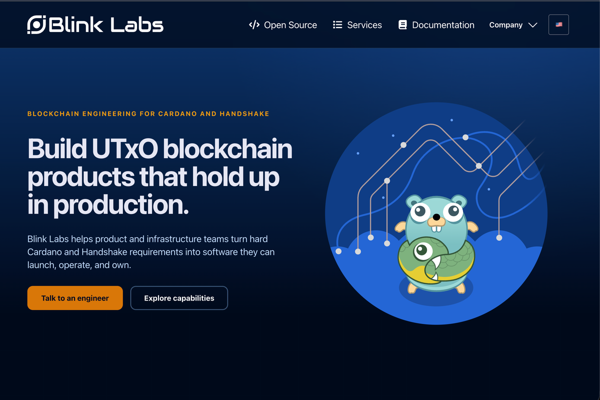 Blink Labs public website describing production blockchain engineering for Cardano and Handshake.