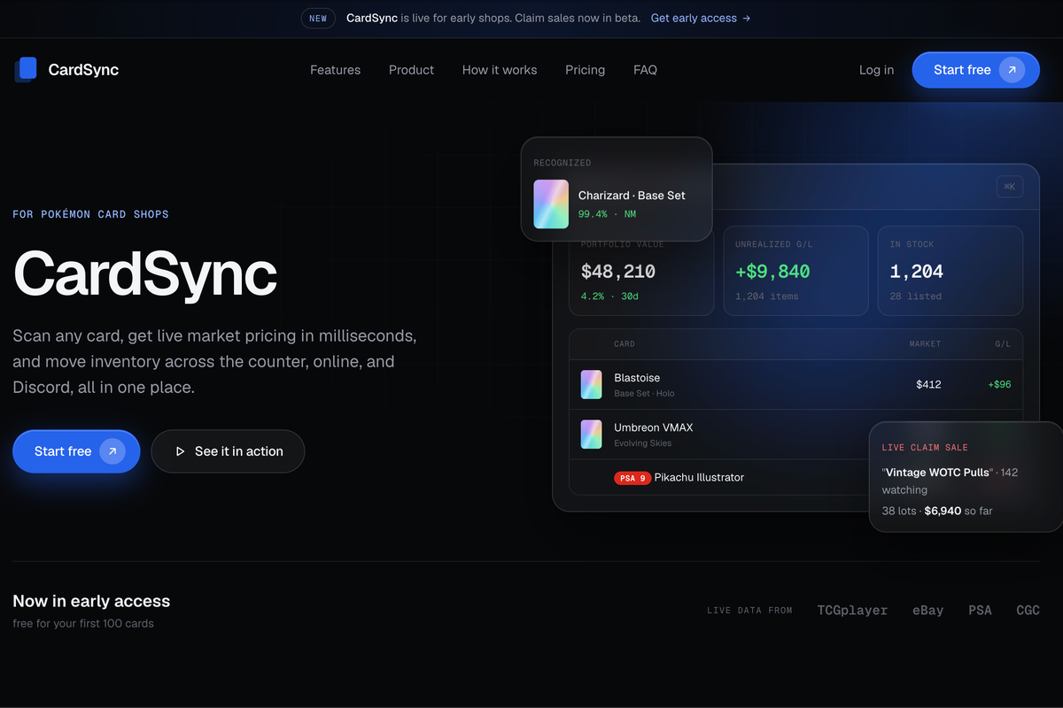 CardSync inventory interface showing searchable trading-card catalog and operator controls.
