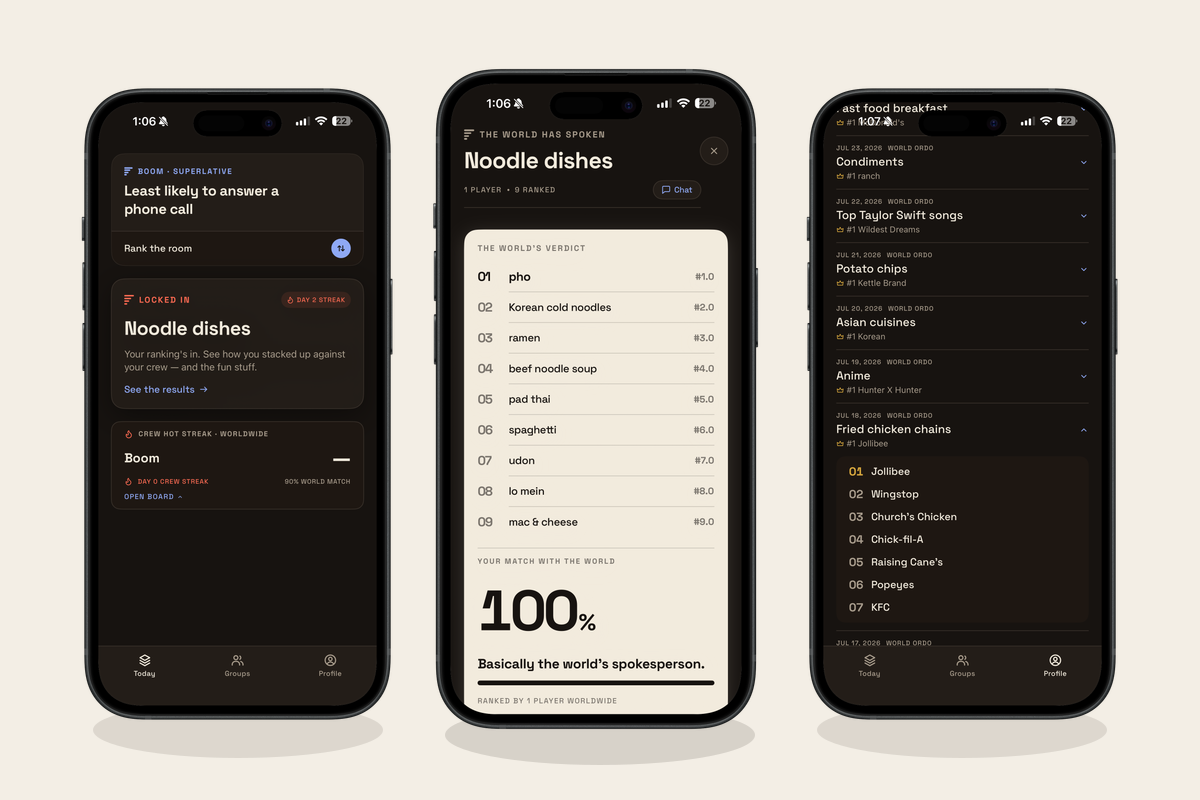 Ordo iOS product screens showing a daily ranking board, group results, and a member profile.