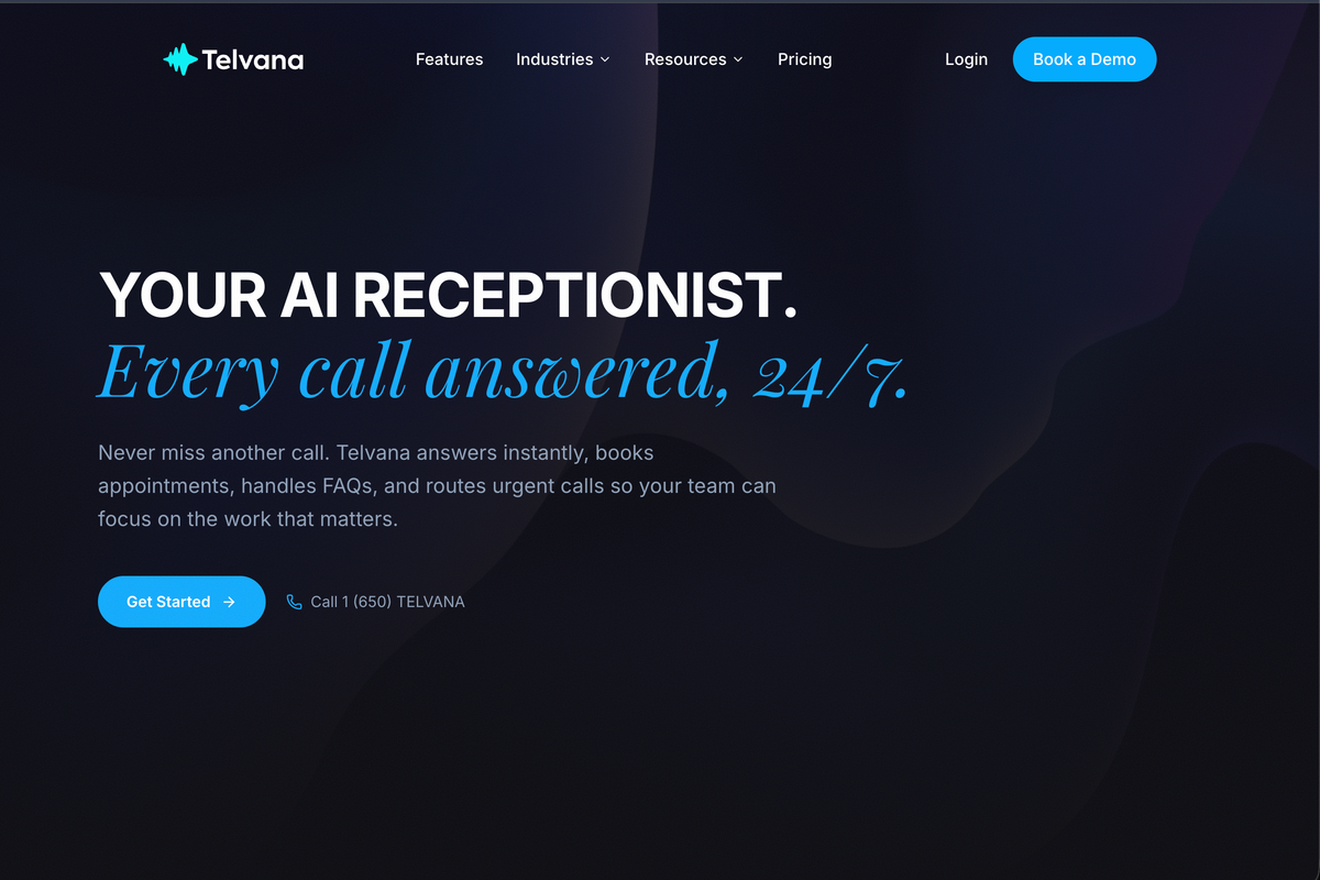 Telvana public website presenting its around-the-clock AI receptionist product.