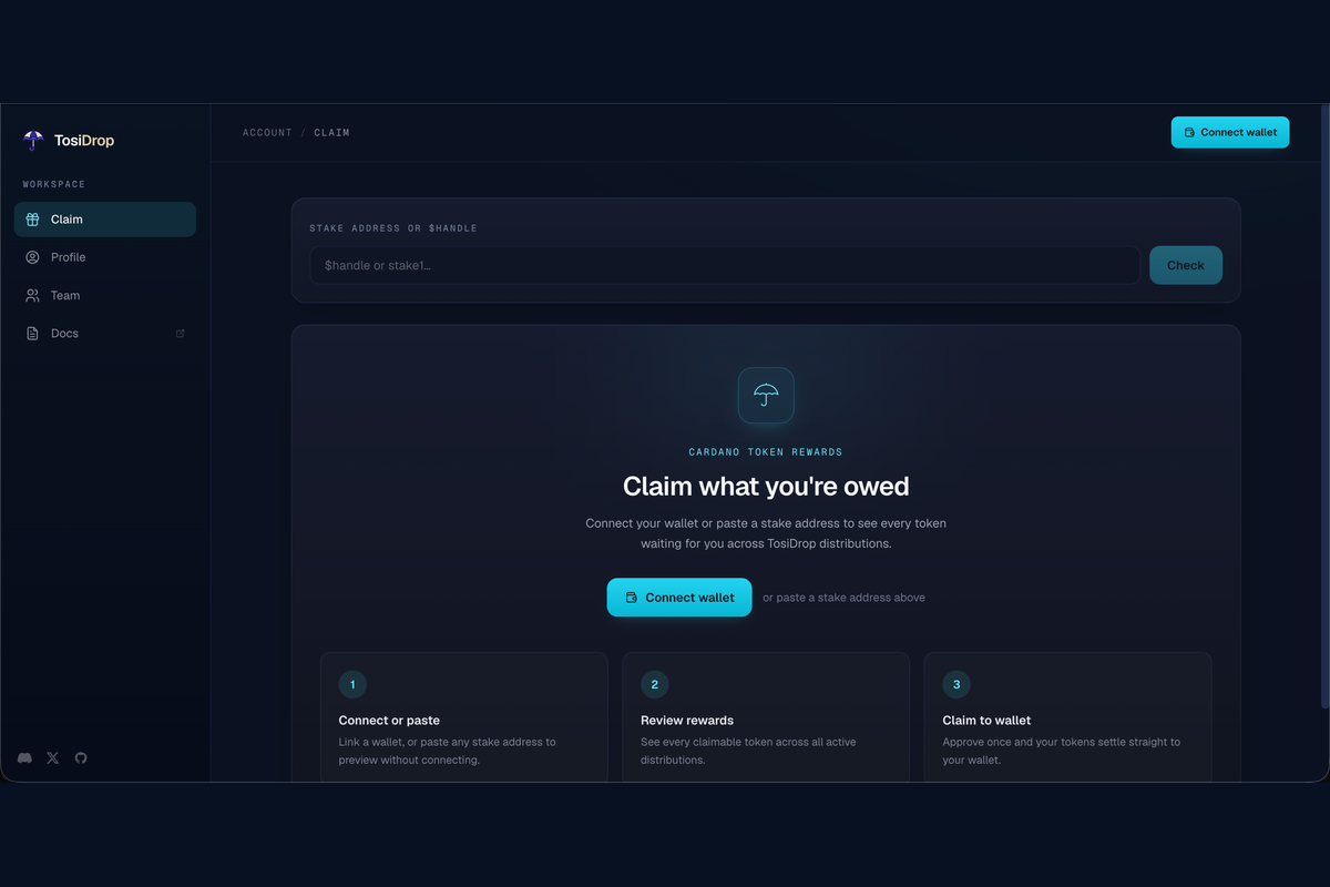 TosiDrop claim interface for connecting a Cardano wallet or previewing rewards with a stake address.