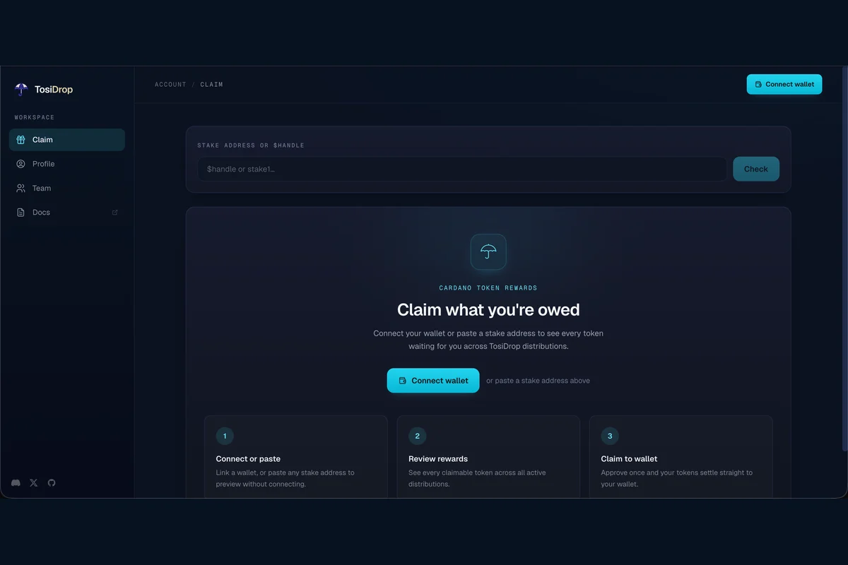 TosiDrop claim interface for connecting a Cardano wallet or previewing rewards with a stake address.