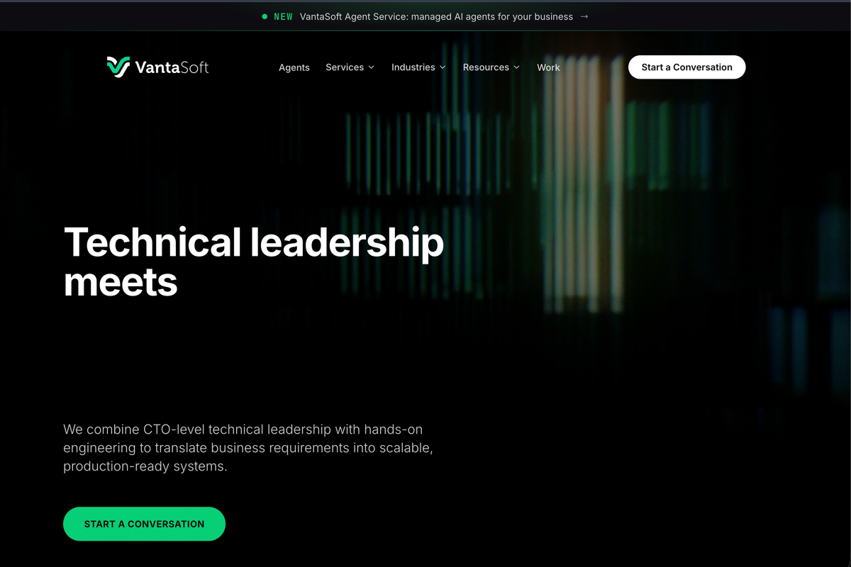 VantaSoft public website describing technical leadership and hands-on engineering services.