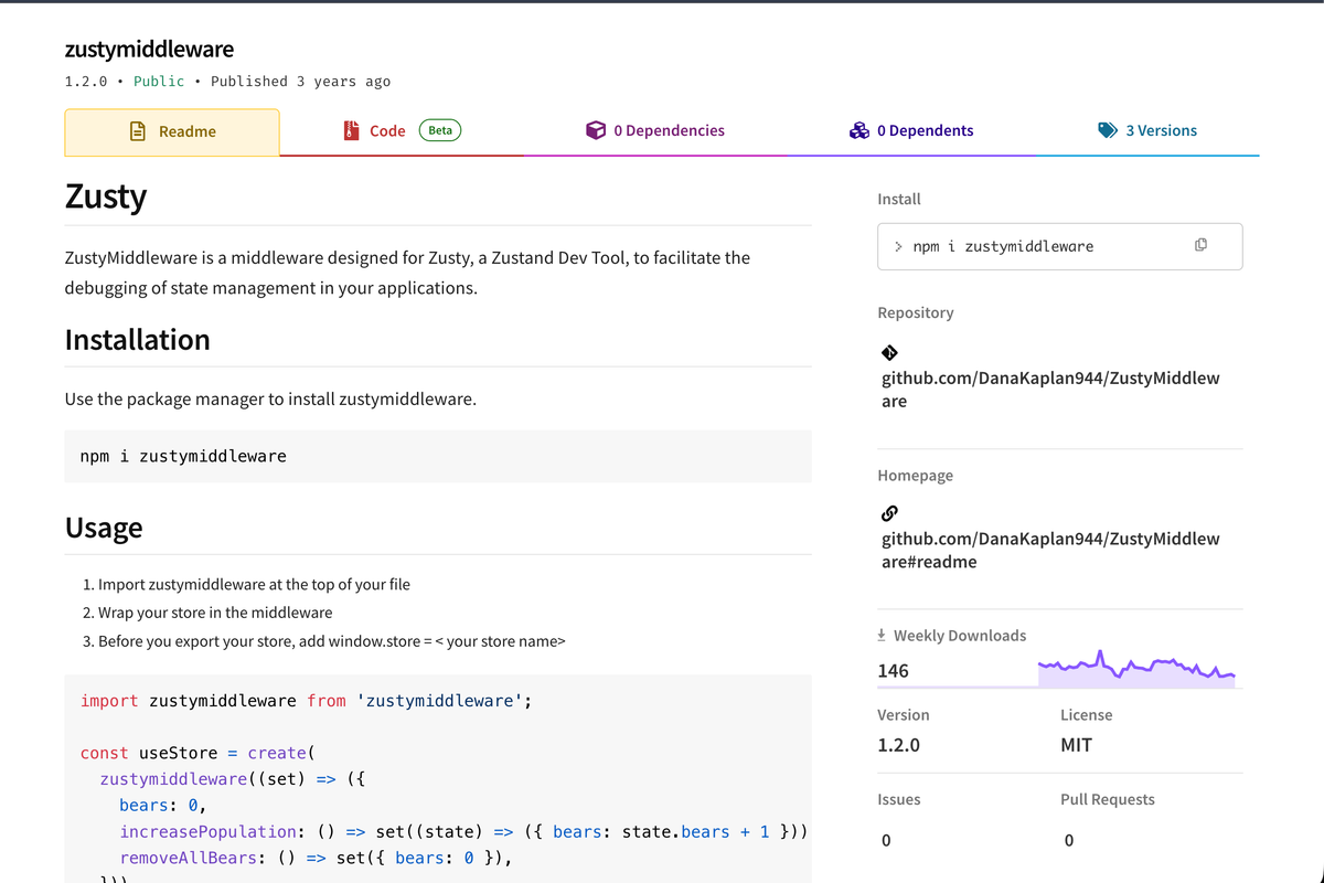 The ZustyMiddleware npm package page showing installation, usage examples, releases, and weekly downloads.