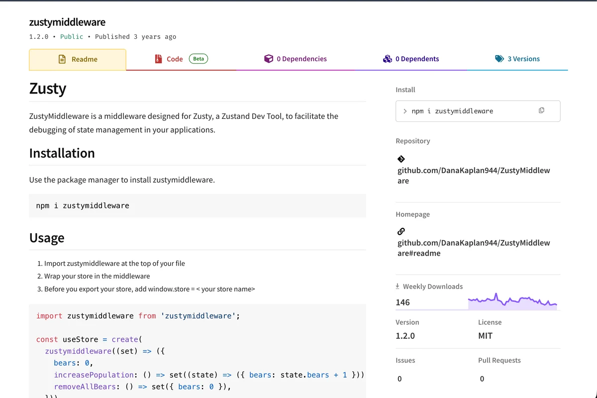 The ZustyMiddleware npm package page showing installation, usage examples, releases, and weekly downloads.